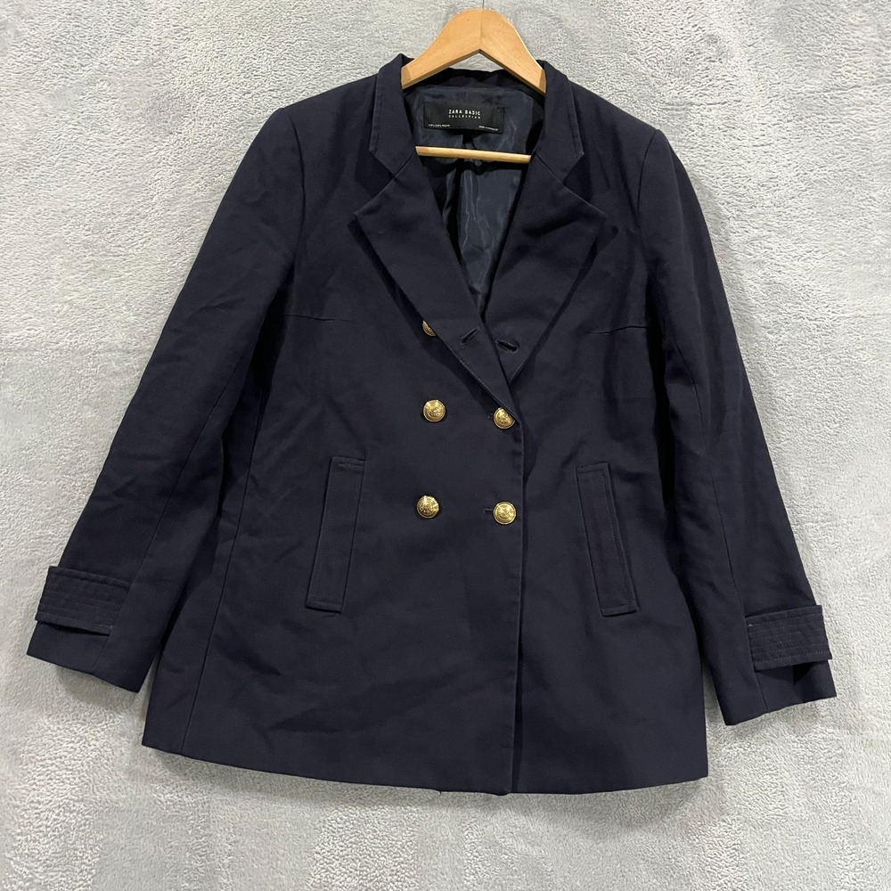 Zara Blazer Jacket Womens‎ Large Double Breasted Navy Blue Academia Gold